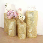 Set of 5 Gold Sequin Mesh Cylinder Pedestal Stand Covers with Geometric Pattern Embroidery, Sparkly Sheer Tulle Pillar Prop Covers - Bell Racket Store