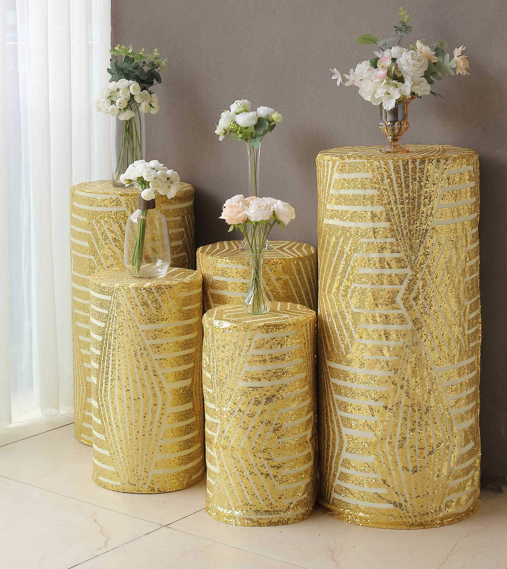 Set of 5 Gold Sequin Mesh Cylinder Pedestal Stand Covers with Geometric Pattern Embroidery, Sparkly Sheer Tulle Pillar Prop Covers - Bell Racket Store
