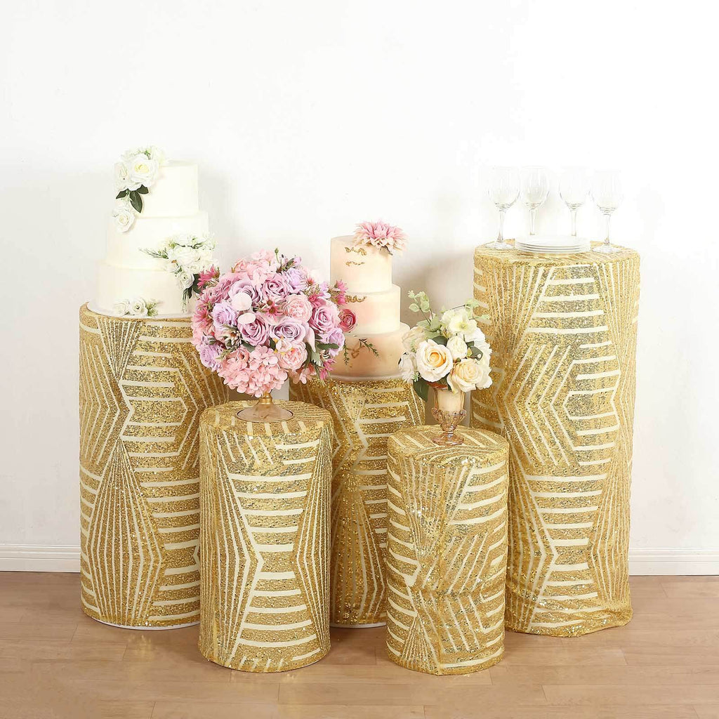 Set of 5 Gold Sequin Mesh Cylinder Pedestal Stand Covers with Geometric Pattern Embroidery, Sparkly Sheer Tulle Pillar Prop Covers - Bell Racket Store