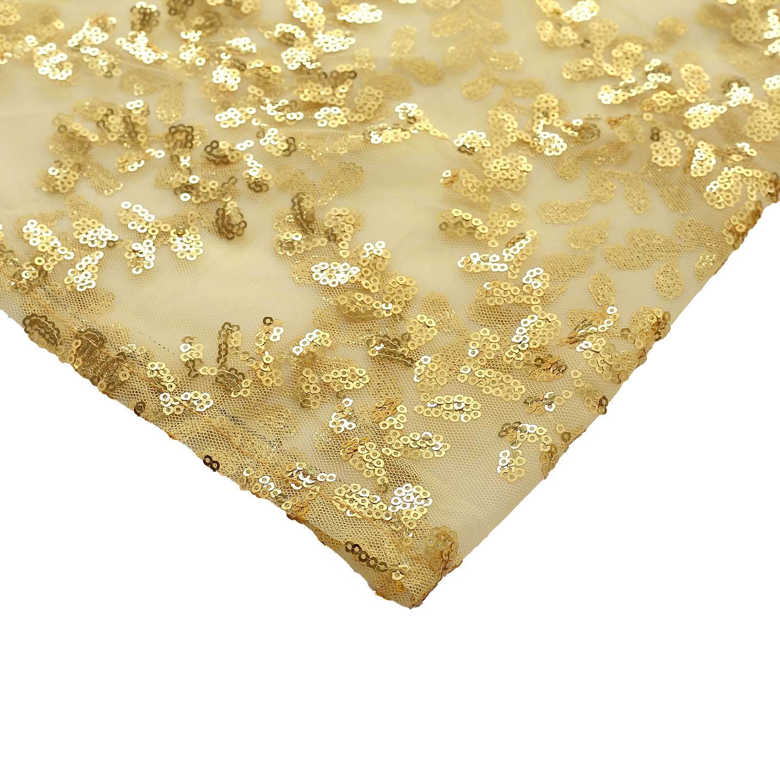 Set of 5 Gold Sequin Mesh Cylinder Pedestal Stand Covers with Leaf Vine Embroidery, Sparkly Sheer Tulle Pillar Prop Covers - Bell Racket Store