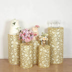 Set of 5 Gold Sequin Mesh Cylinder Pedestal Stand Covers with Leaf Vine Embroidery, Sparkly Sheer Tulle Pillar Prop Covers - Bell Racket Store