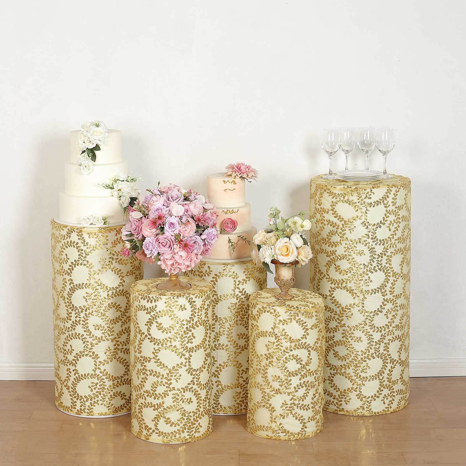 Set of 5 Gold Sequin Mesh Cylinder Pedestal Stand Covers with Leaf Vine Embroidery, Sparkly Sheer Tulle Pillar Prop Covers - Bell Racket Store