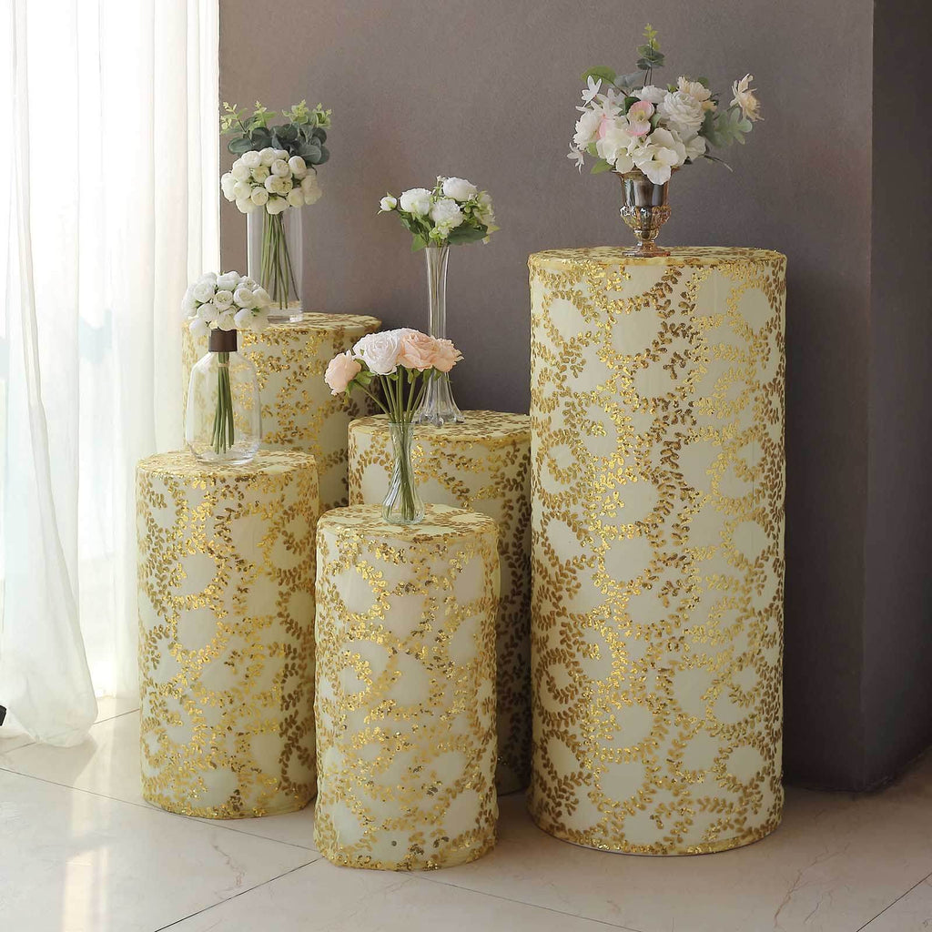 Set of 5 Gold Sequin Mesh Cylinder Pedestal Stand Covers with Leaf Vine Embroidery, Sparkly Sheer Tulle Pillar Prop Covers - Bell Racket Store