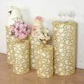 Set of 5 Gold Sequin Mesh Cylinder Pedestal Stand Covers with Leaf Vine Embroidery, Sparkly Sheer Tulle Pillar Prop Covers - Bell Racket Store