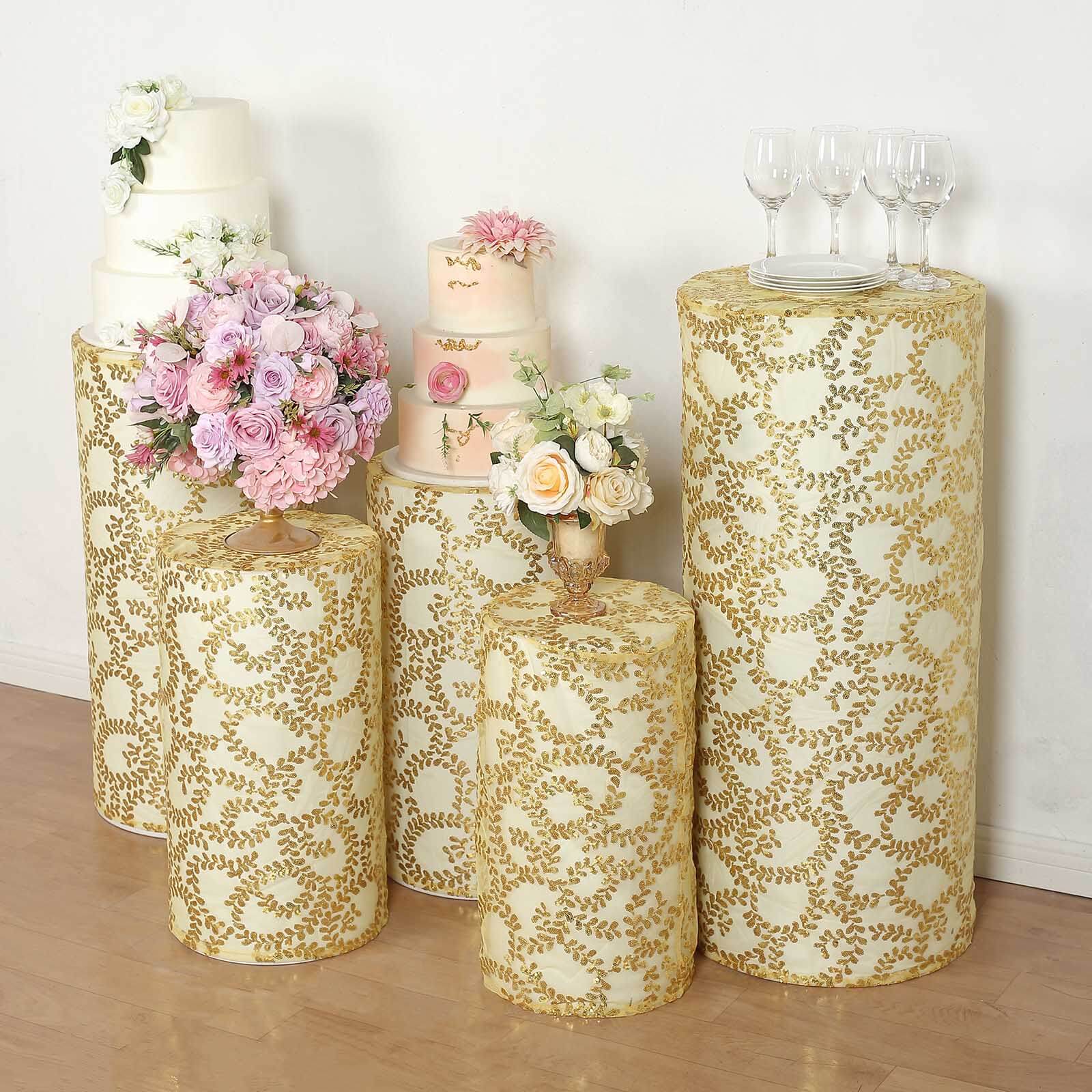 Set of 5 Gold Sequin Mesh Cylinder Pedestal Stand Covers with Leaf Vine Embroidery, Sparkly Sheer Tulle Pillar Prop Covers - Bell Racket Store
