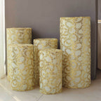 Set of 5 Gold Sequin Mesh Cylinder Pedestal Stand Covers with Leaf Vine Embroidery, Sparkly Sheer Tulle Pillar Prop Covers - Bell Racket Store