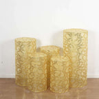 Set of 5 Gold Sequin Mesh Cylinder Pedestal Stand Covers with Leaf Vine Embroidery, Sparkly Sheer Tulle Pillar Prop Covers - Bell Racket Store