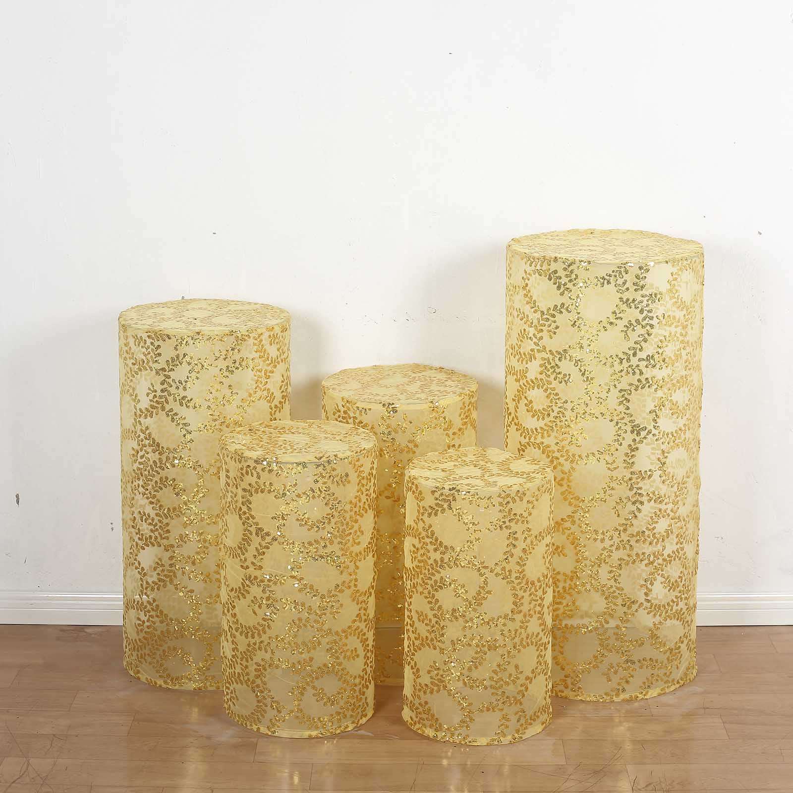 Set of 5 Gold Sequin Mesh Cylinder Pedestal Stand Covers with Leaf Vine Embroidery, Sparkly Sheer Tulle Pillar Prop Covers - Bell Racket Store