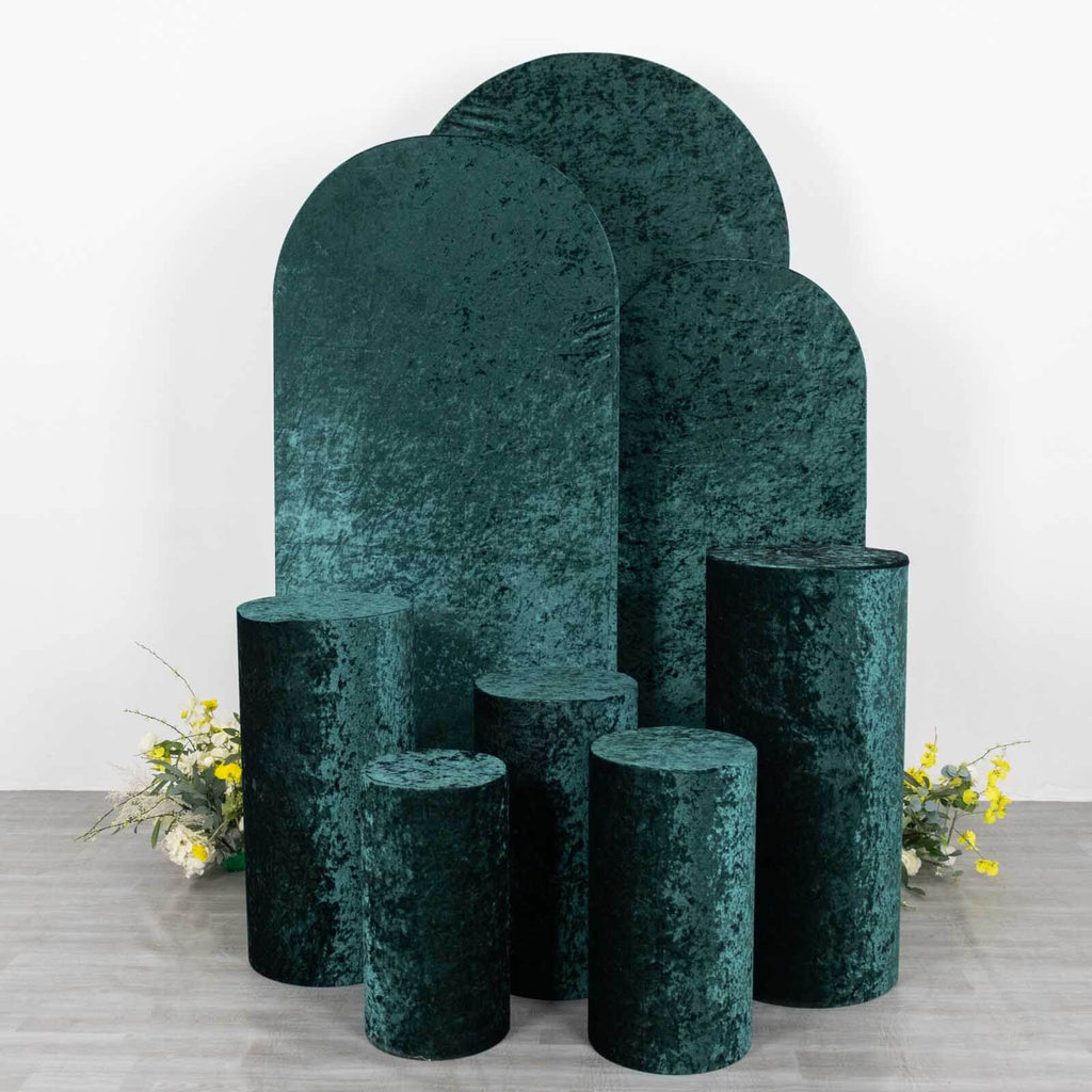 Set of 5 Hunter Emerald Green Crushed Velvet Cylinder Pedestal Stand Covers, Premium Pillar Prop Covers - Bell Racket Store