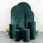 Set of 5 Hunter Emerald Green Crushed Velvet Cylinder Pedestal Stand Covers, Premium Pillar Prop Covers - Bell Racket Store