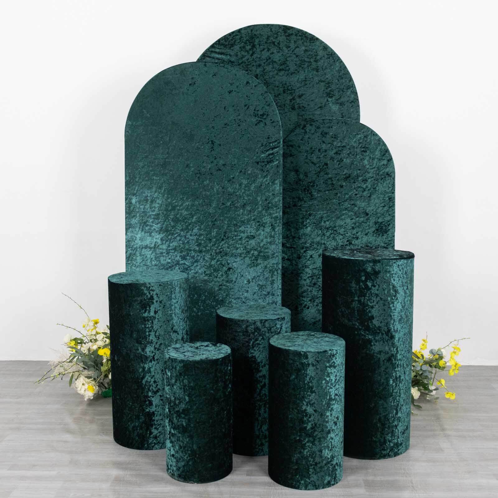 Set of 5 Hunter Emerald Green Crushed Velvet Cylinder Pedestal Stand Covers, Premium Pillar Prop Covers - Bell Racket Store
