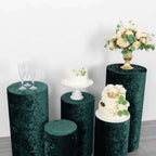 Set of 5 Hunter Emerald Green Crushed Velvet Cylinder Pedestal Stand Covers, Premium Pillar Prop Covers - Bell Racket Store