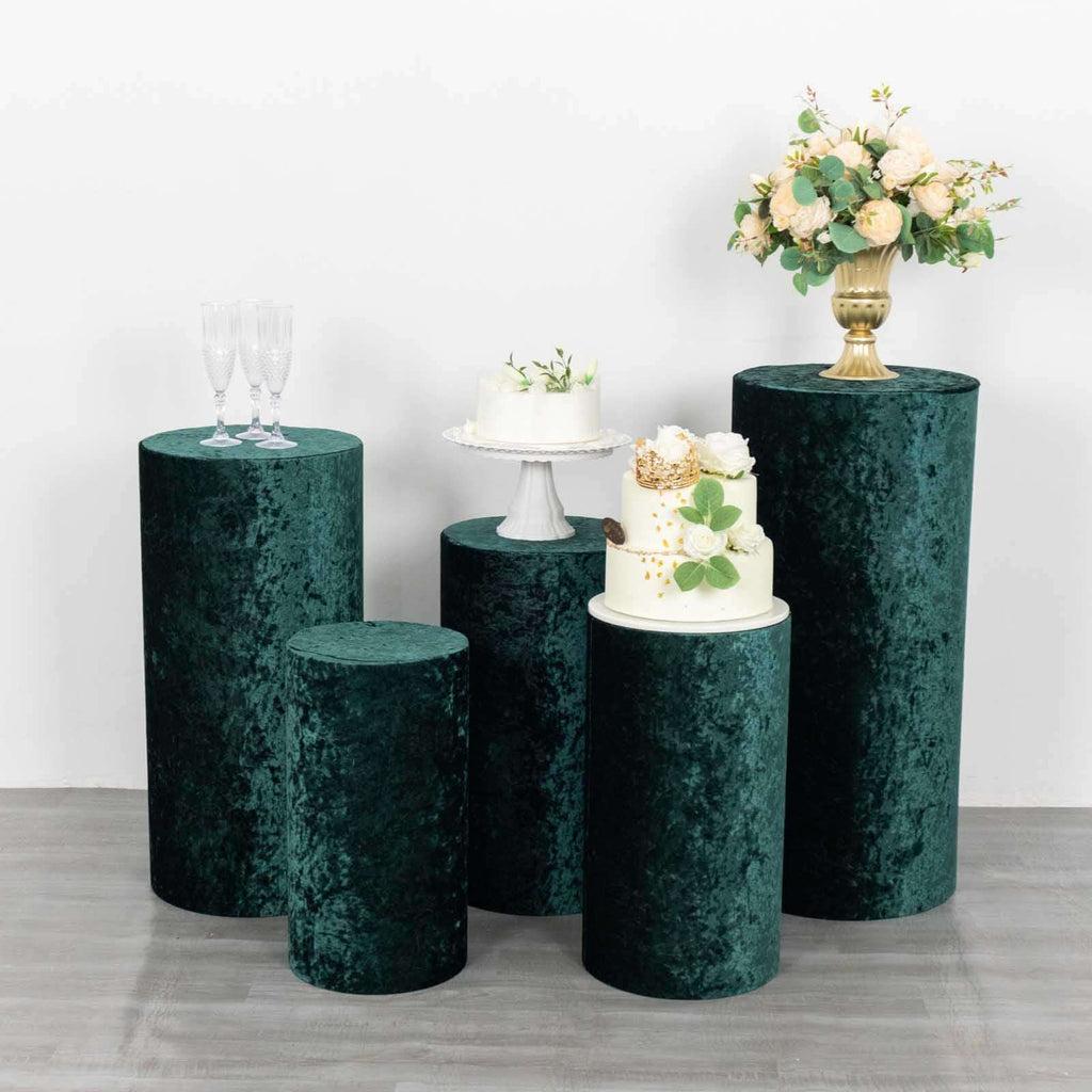 Set of 5 Hunter Emerald Green Crushed Velvet Cylinder Pedestal Stand Covers, Premium Pillar Prop Covers - Bell Racket Store