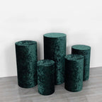 Set of 5 Hunter Emerald Green Crushed Velvet Cylinder Pedestal Stand Covers, Premium Pillar Prop Covers - Bell Racket Store