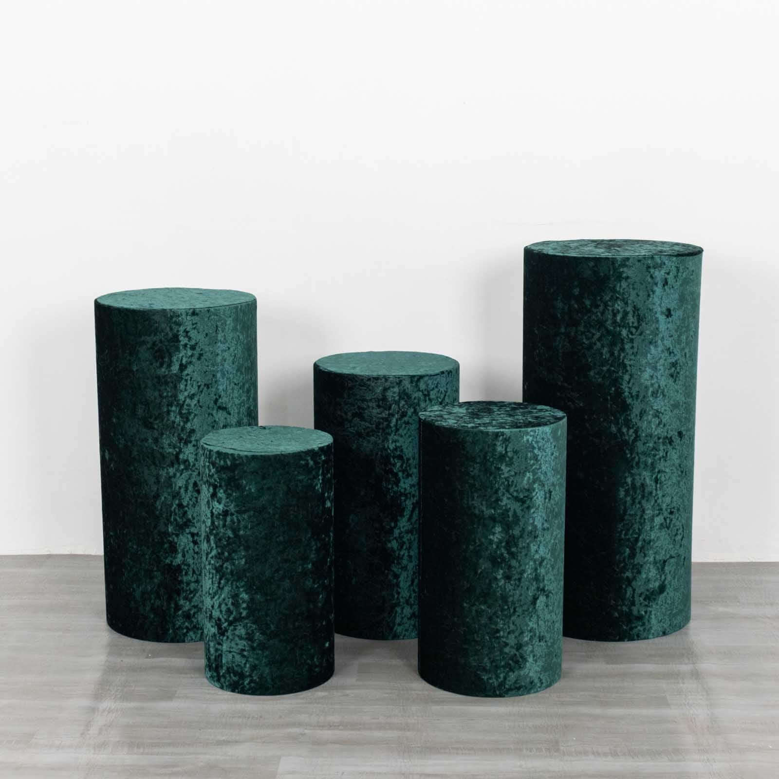 Set of 5 Hunter Emerald Green Crushed Velvet Cylinder Pedestal Stand Covers, Premium Pillar Prop Covers - Bell Racket Store