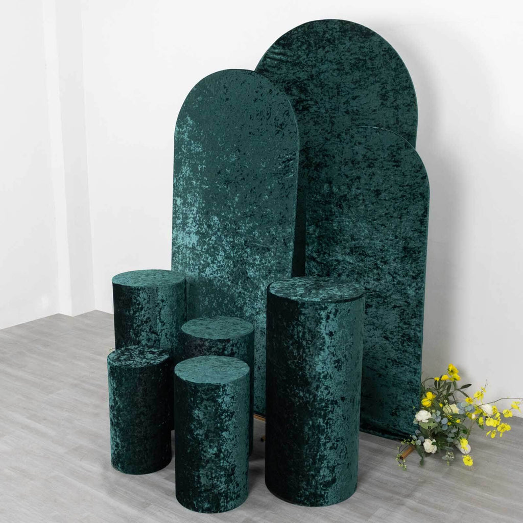 Set of 5 Hunter Emerald Green Crushed Velvet Cylinder Pedestal Stand Covers, Premium Pillar Prop Covers - Bell Racket Store