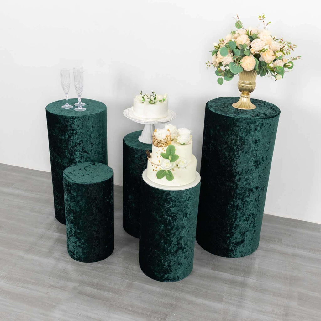 Set of 5 Hunter Emerald Green Crushed Velvet Cylinder Pedestal Stand Covers, Premium Pillar Prop Covers - Bell Racket Store