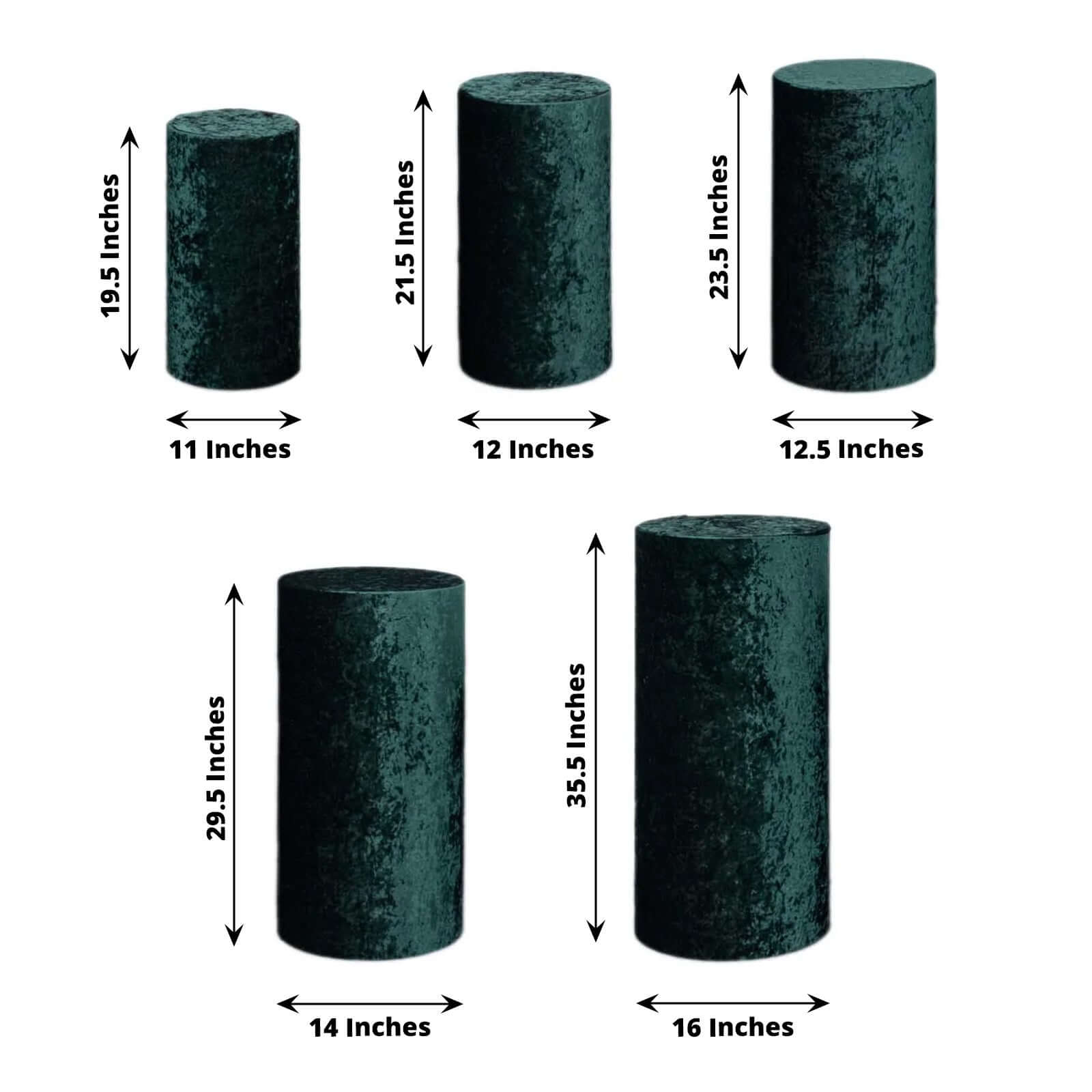 Set of 5 Hunter Emerald Green Crushed Velvet Cylinder Pedestal Stand Covers, Premium Pillar Prop Covers - Bell Racket Store