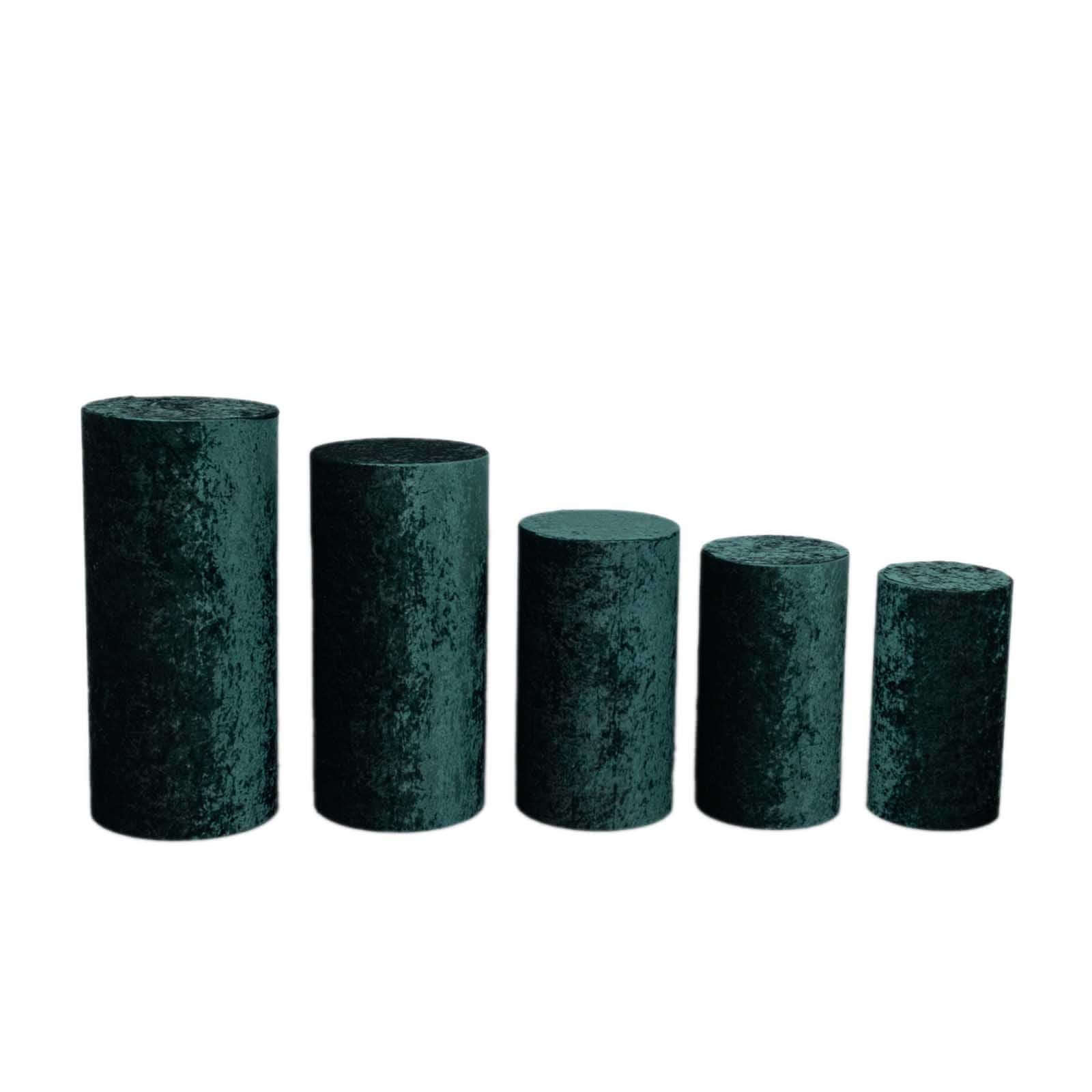 Set of 5 Hunter Emerald Green Crushed Velvet Cylinder Pedestal Stand Covers, Premium Pillar Prop Covers - Bell Racket Store