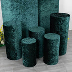 Set of 5 Hunter Emerald Green Crushed Velvet Cylinder Pedestal Stand Covers, Premium Pillar Prop Covers - Bell Racket Store