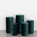 Set of 5 Hunter Emerald Green Crushed Velvet Cylinder Pedestal Stand Covers, Premium Pillar Prop Covers - Bell Racket Store