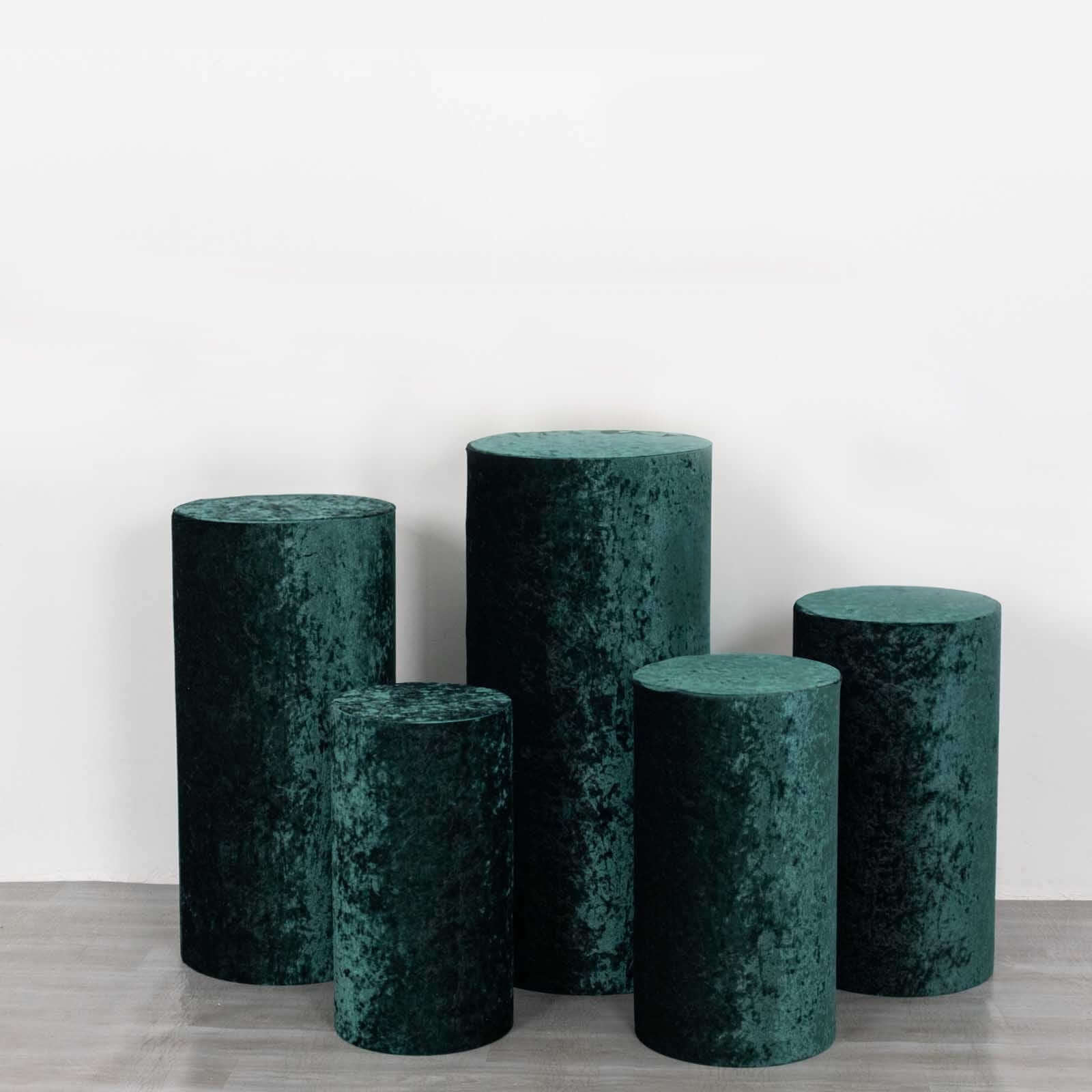 Set of 5 Hunter Emerald Green Crushed Velvet Cylinder Pedestal Stand Covers, Premium Pillar Prop Covers - Bell Racket Store