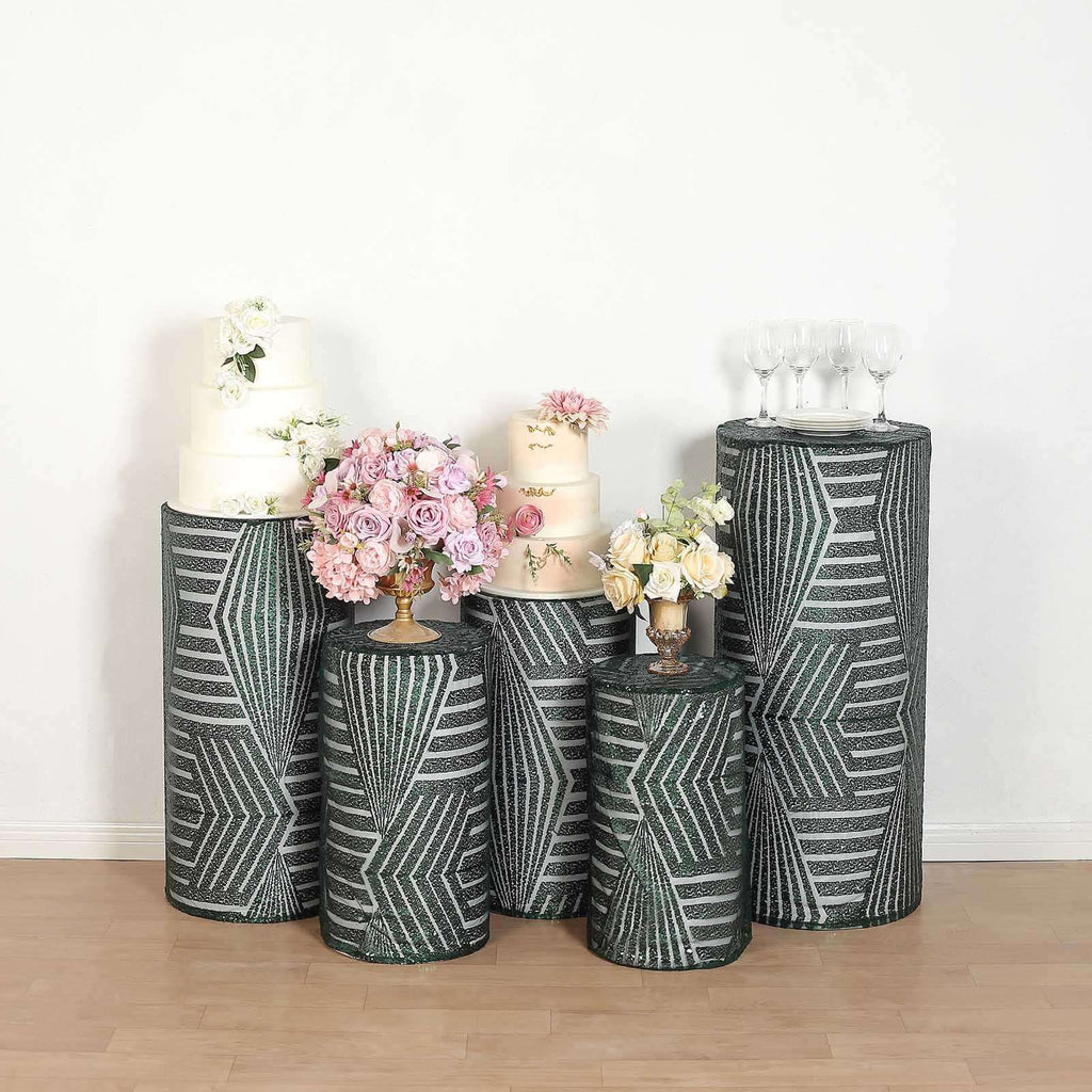 Set of 5 Hunter Emerald Green Sequin Mesh Cylinder Pedestal Stand Covers with Geometric Pattern Embroidery, Sparkly Sheer Tulle Pillar Prop Covers - Bell Racket Store