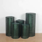 Set of 5 Hunter Emerald Green Sequin Mesh Cylinder Pedestal Stand Covers with Geometric Pattern Embroidery, Sparkly Sheer Tulle Pillar Prop Covers - Bell Racket Store