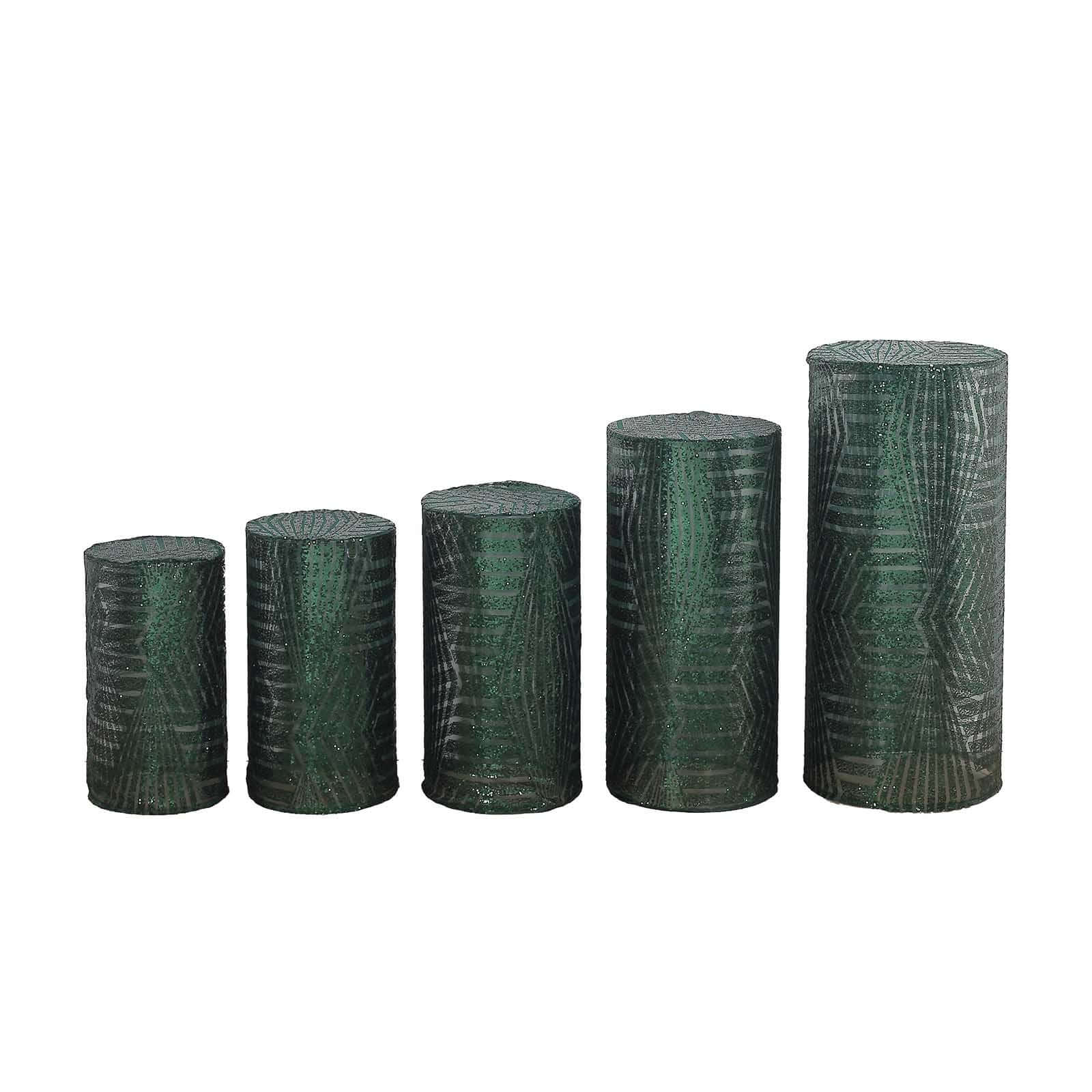 Set of 5 Hunter Emerald Green Sequin Mesh Cylinder Pedestal Stand Covers with Geometric Pattern Embroidery, Sparkly Sheer Tulle Pillar Prop Covers - Bell Racket Store