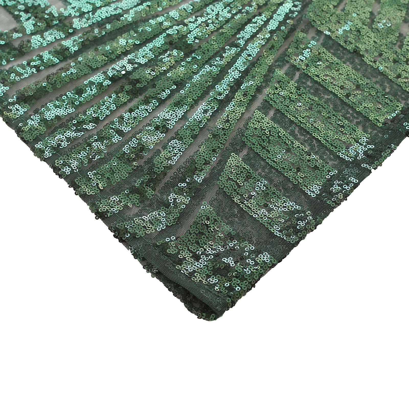 Set of 5 Hunter Emerald Green Sequin Mesh Cylinder Pedestal Stand Covers with Geometric Pattern Embroidery, Sparkly Sheer Tulle Pillar Prop Covers - Bell Racket Store