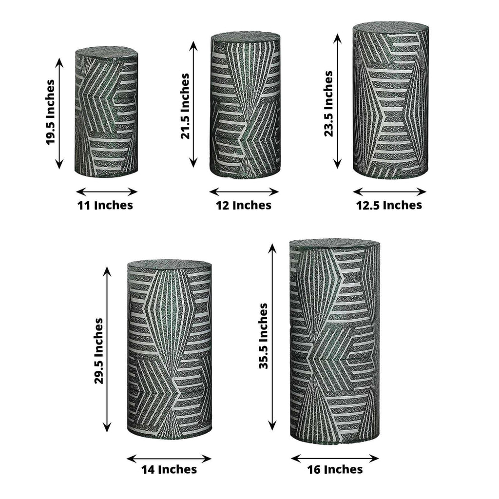 Set of 5 Hunter Emerald Green Sequin Mesh Cylinder Pedestal Stand Covers with Geometric Pattern Embroidery, Sparkly Sheer Tulle Pillar Prop Covers - Bell Racket Store