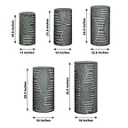 Set of 5 Hunter Emerald Green Sequin Mesh Cylinder Pedestal Stand Covers with Geometric Pattern Embroidery, Sparkly Sheer Tulle Pillar Prop Covers - Bell Racket Store