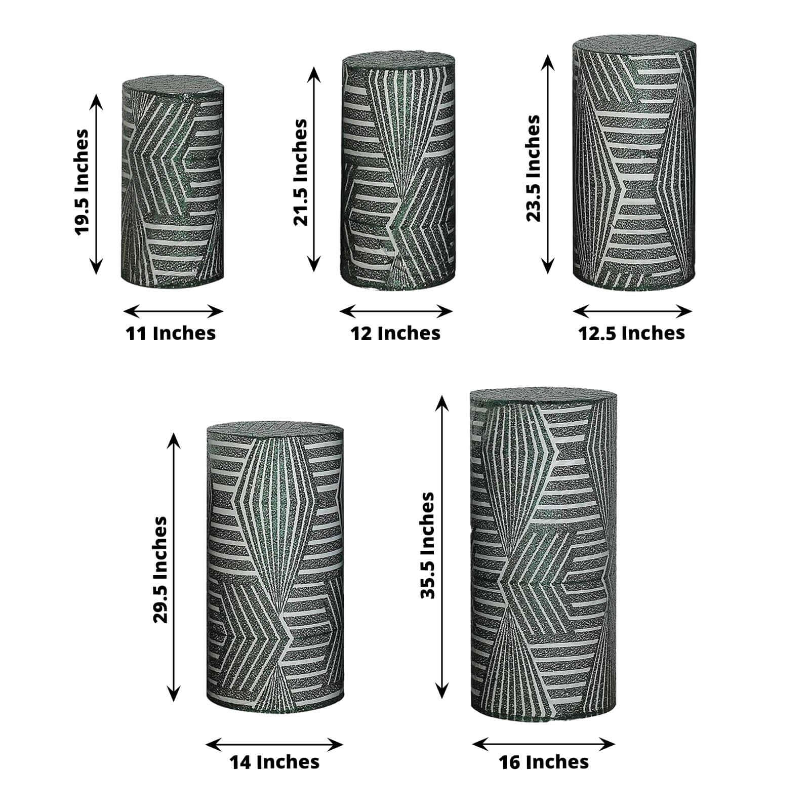 Set of 5 Hunter Emerald Green Sequin Mesh Cylinder Pedestal Stand Covers with Geometric Pattern Embroidery, Sparkly Sheer Tulle Pillar Prop Covers - Bell Racket Store