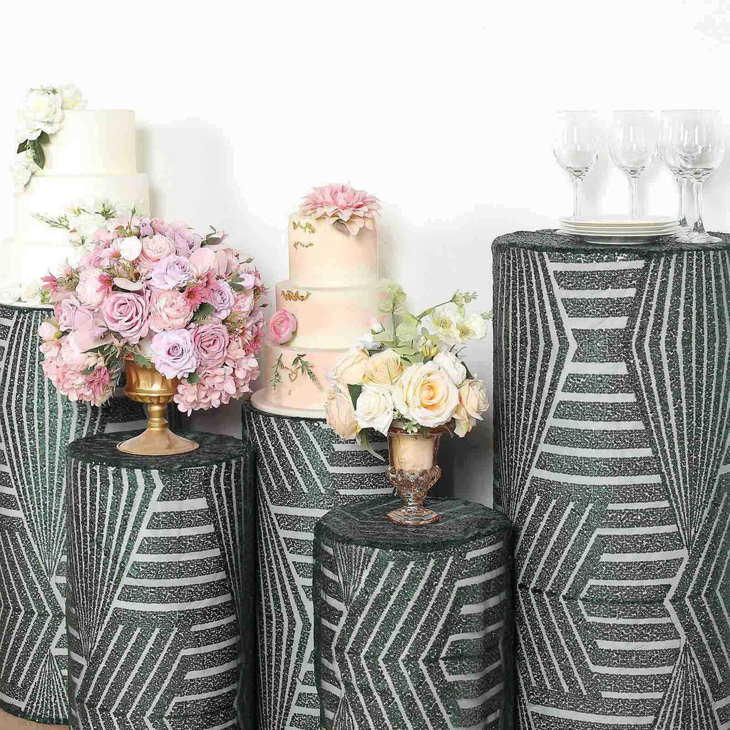 Set of 5 Hunter Emerald Green Sequin Mesh Cylinder Pedestal Stand Covers with Geometric Pattern Embroidery, Sparkly Sheer Tulle Pillar Prop Covers - Bell Racket Store