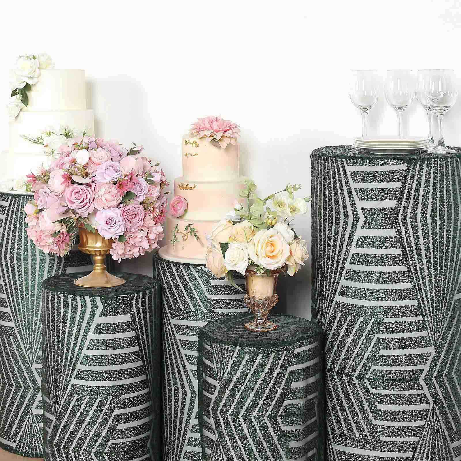 Set of 5 Hunter Emerald Green Sequin Mesh Cylinder Pedestal Stand Covers with Geometric Pattern Embroidery, Sparkly Sheer Tulle Pillar Prop Covers - Bell Racket Store