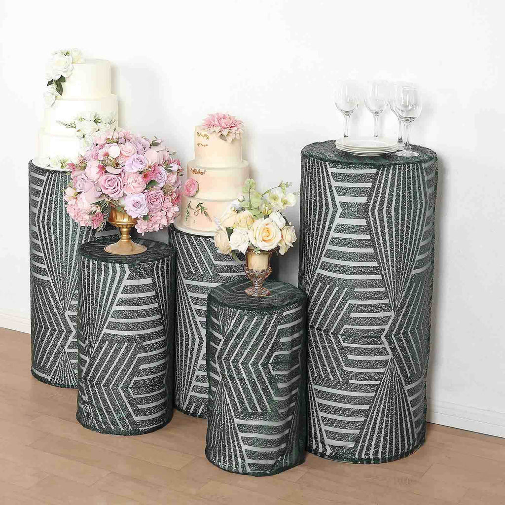 Set of 5 Hunter Emerald Green Sequin Mesh Cylinder Pedestal Stand Covers with Geometric Pattern Embroidery, Sparkly Sheer Tulle Pillar Prop Covers - Bell Racket Store