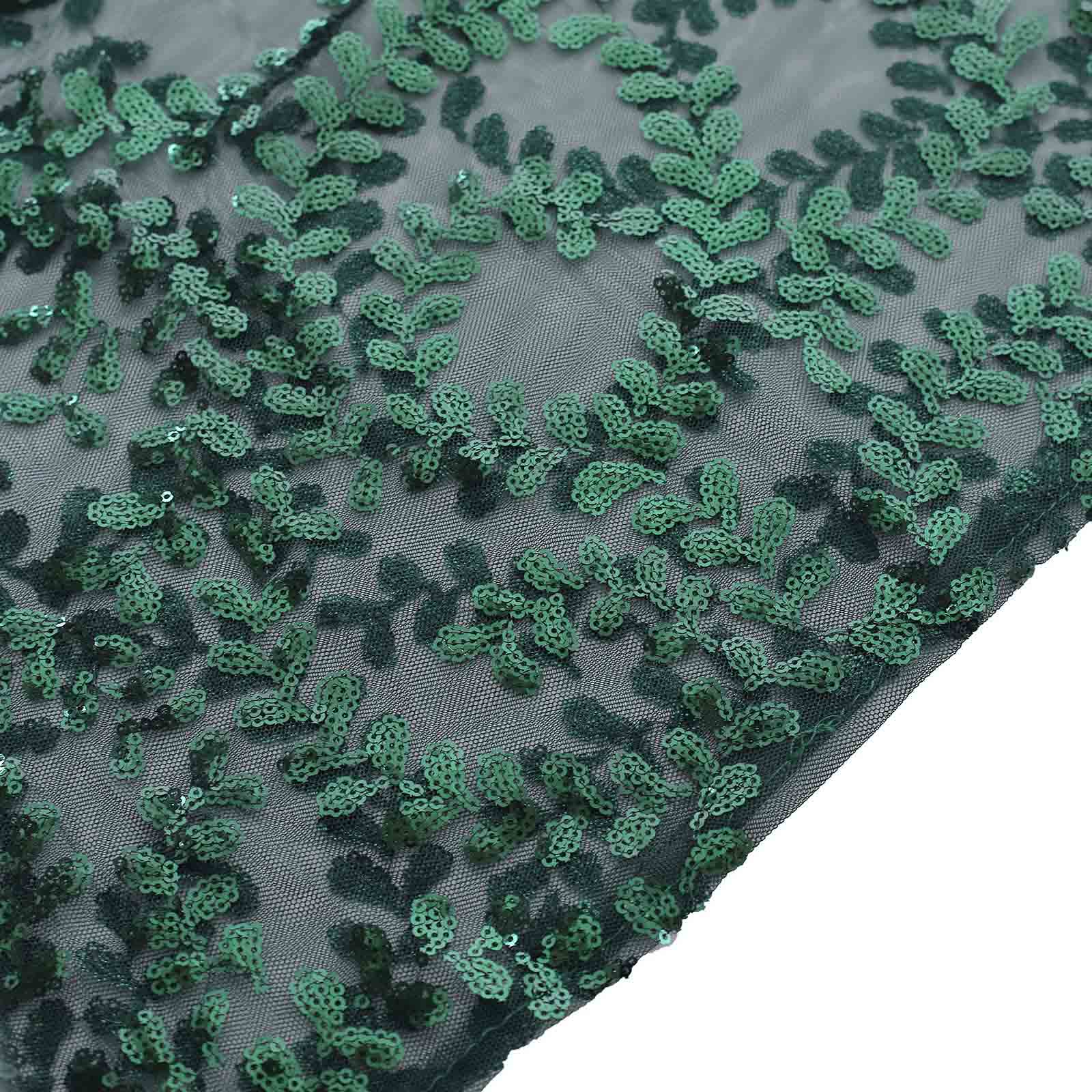 Set of 5 Hunter Emerald Green Sequin Mesh Cylinder Pedestal Stand Covers with Leaf Vine Embroidery, Sparkly Sheer Tulle Pillar Prop Covers - Bell Racket Store