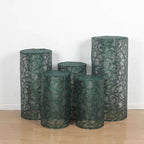 Set of 5 Hunter Emerald Green Sequin Mesh Cylinder Pedestal Stand Covers with Leaf Vine Embroidery, Sparkly Sheer Tulle Pillar Prop Covers - Bell Racket Store