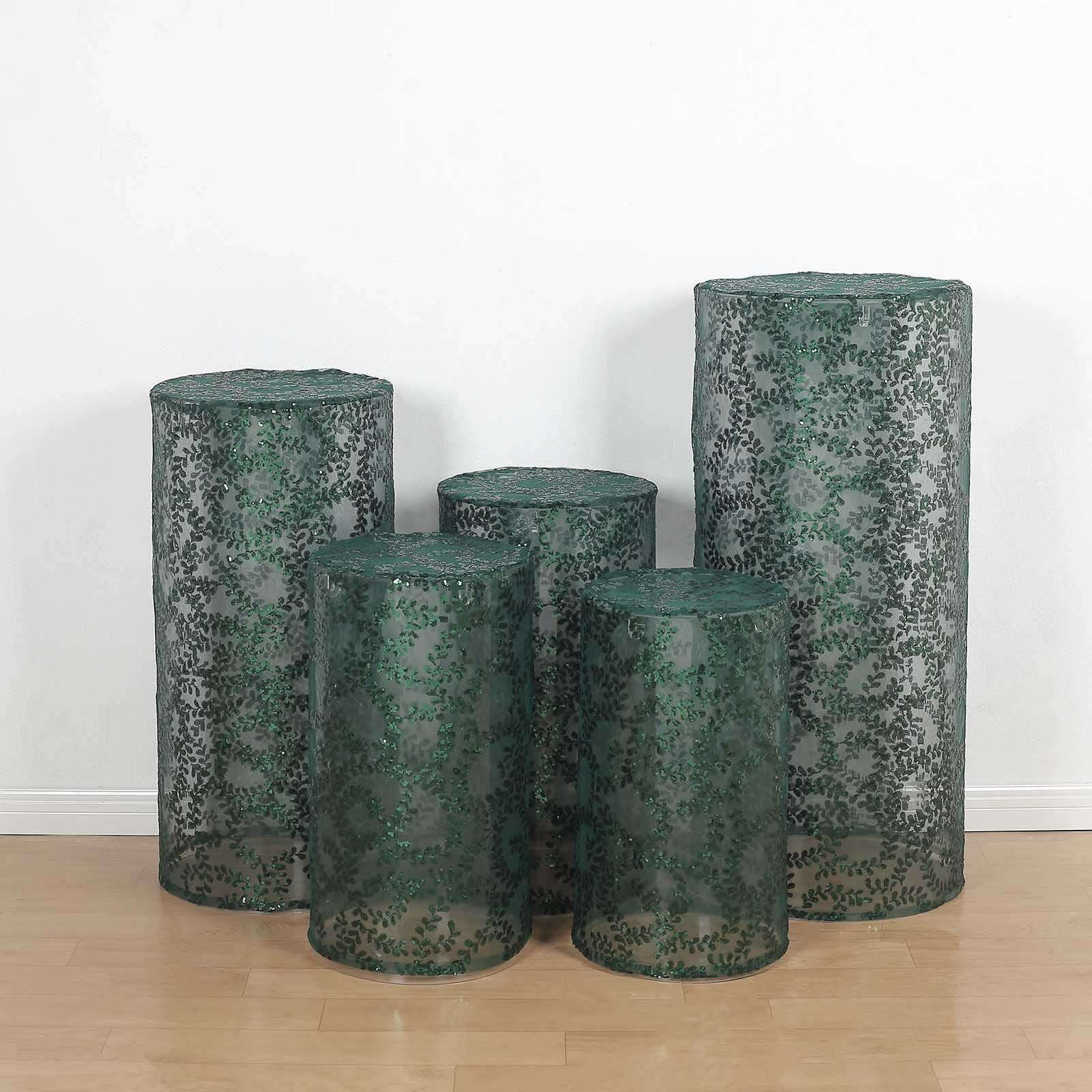 Set of 5 Hunter Emerald Green Sequin Mesh Cylinder Pedestal Stand Covers with Leaf Vine Embroidery, Sparkly Sheer Tulle Pillar Prop Covers - Bell Racket Store