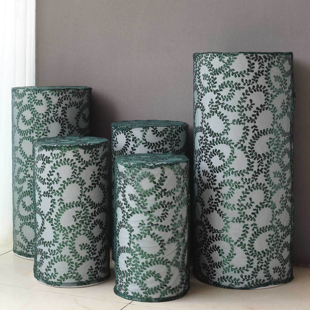 Set of 5 Hunter Emerald Green Sequin Mesh Cylinder Pedestal Stand Covers with Leaf Vine Embroidery, Sparkly Sheer Tulle Pillar Prop Covers - Bell Racket Store
