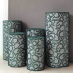 Set of 5 Hunter Emerald Green Sequin Mesh Cylinder Pedestal Stand Covers with Leaf Vine Embroidery, Sparkly Sheer Tulle Pillar Prop Covers - Bell Racket Store