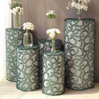 Set of 5 Hunter Emerald Green Sequin Mesh Cylinder Pedestal Stand Covers with Leaf Vine Embroidery, Sparkly Sheer Tulle Pillar Prop Covers - Bell Racket Store