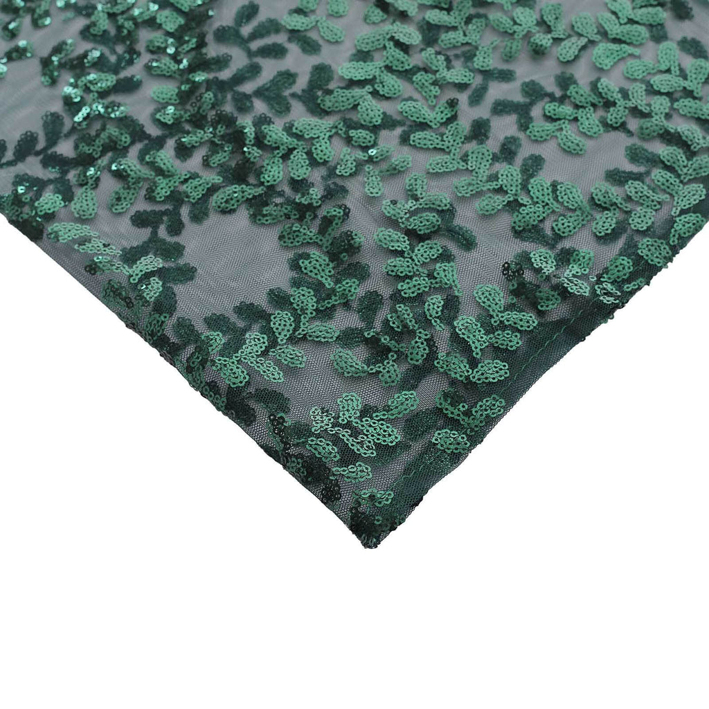 Set of 5 Hunter Emerald Green Sequin Mesh Cylinder Pedestal Stand Covers with Leaf Vine Embroidery, Sparkly Sheer Tulle Pillar Prop Covers - Bell Racket Store