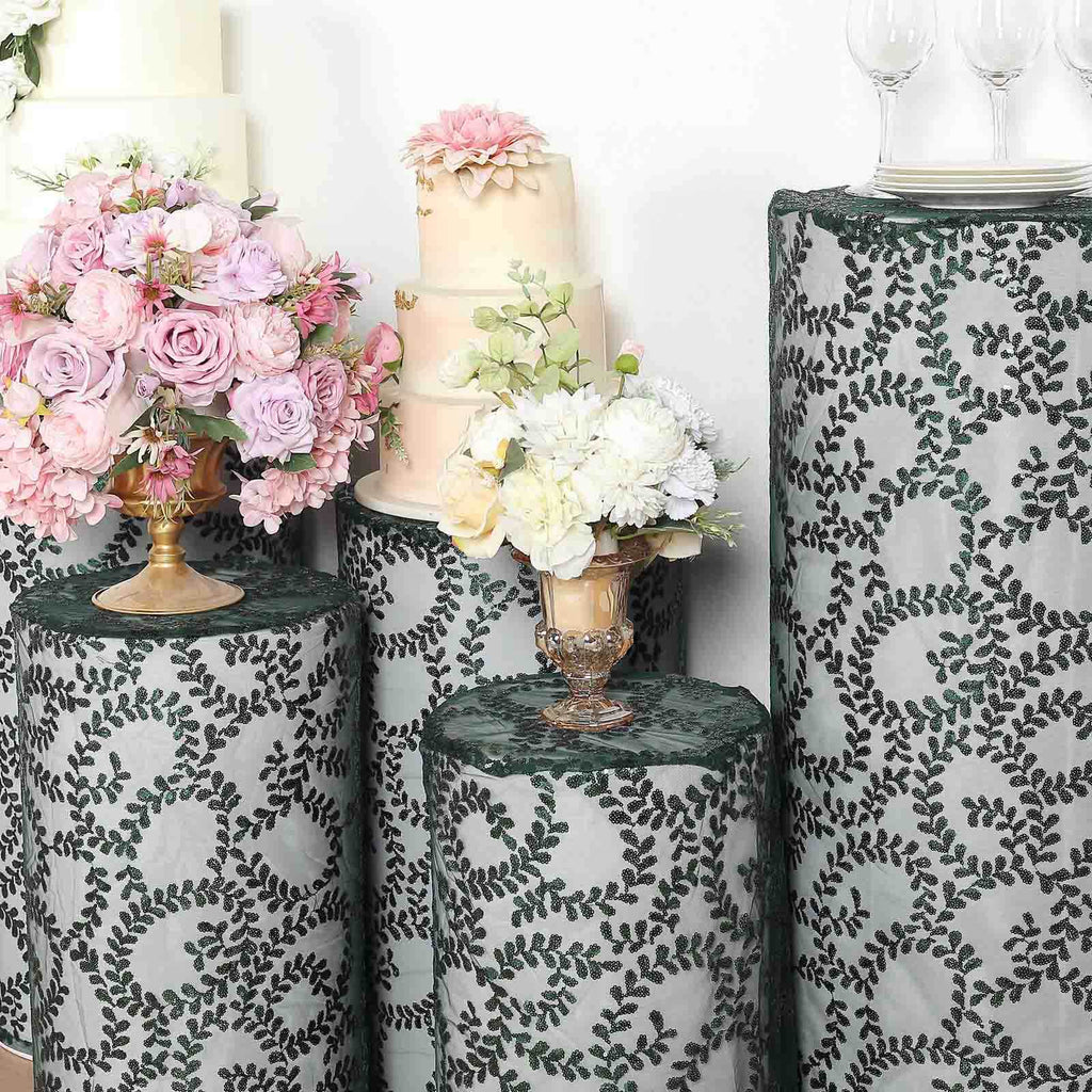Set of 5 Hunter Emerald Green Sequin Mesh Cylinder Pedestal Stand Covers with Leaf Vine Embroidery, Sparkly Sheer Tulle Pillar Prop Covers - Bell Racket Store