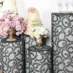 Set of 5 Hunter Emerald Green Sequin Mesh Cylinder Pedestal Stand Covers with Leaf Vine Embroidery, Sparkly Sheer Tulle Pillar Prop Covers - Bell Racket Store