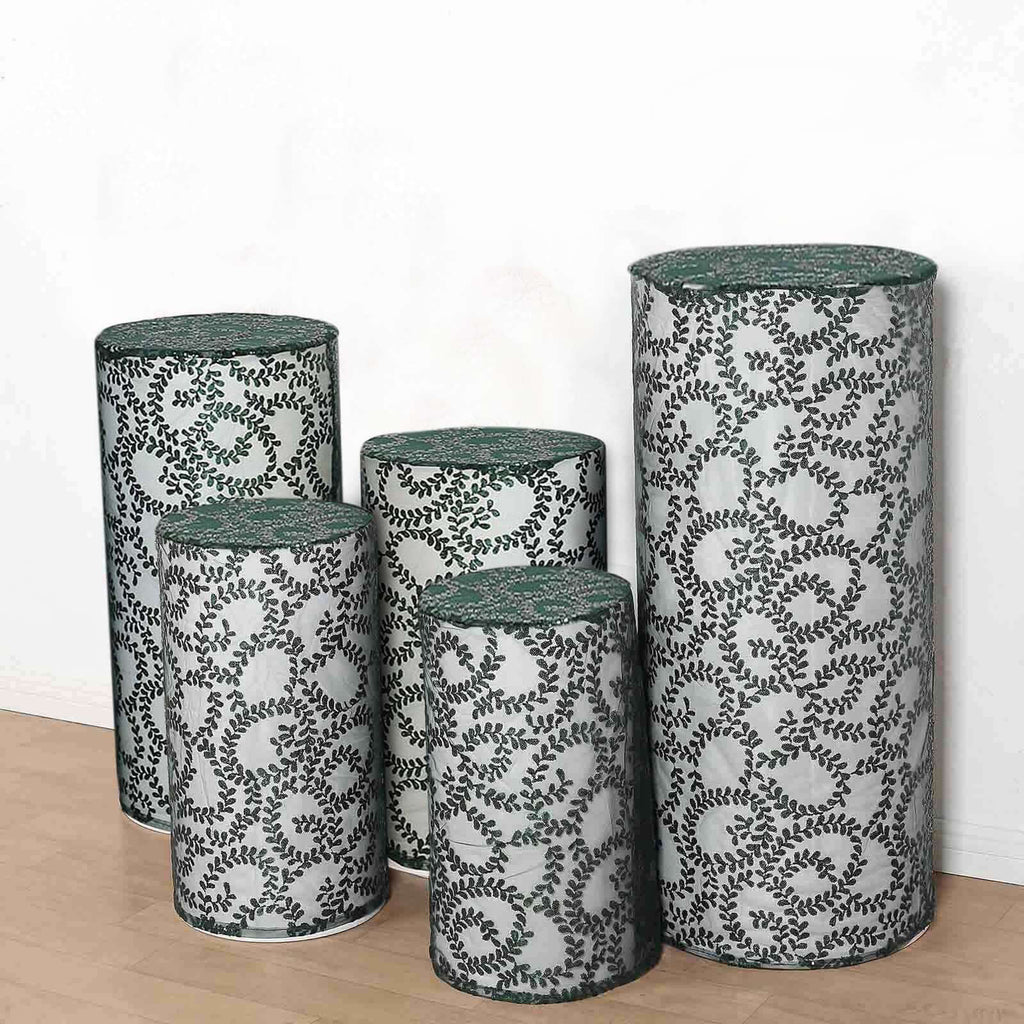 Set of 5 Hunter Emerald Green Sequin Mesh Cylinder Pedestal Stand Covers with Leaf Vine Embroidery, Sparkly Sheer Tulle Pillar Prop Covers - Bell Racket Store