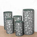 Set of 5 Hunter Emerald Green Sequin Mesh Cylinder Pedestal Stand Covers with Leaf Vine Embroidery, Sparkly Sheer Tulle Pillar Prop Covers - Bell Racket Store