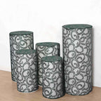 Set of 5 Hunter Emerald Green Sequin Mesh Cylinder Pedestal Stand Covers with Leaf Vine Embroidery, Sparkly Sheer Tulle Pillar Prop Covers - Bell Racket Store
