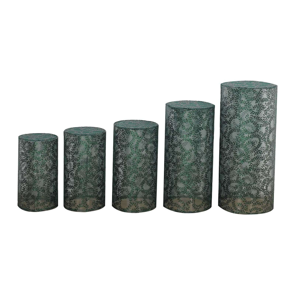 Set of 5 Hunter Emerald Green Sequin Mesh Cylinder Pedestal Stand Covers with Leaf Vine Embroidery, Sparkly Sheer Tulle Pillar Prop Covers - Bell Racket Store