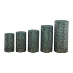 Set of 5 Hunter Emerald Green Sequin Mesh Cylinder Pedestal Stand Covers with Leaf Vine Embroidery, Sparkly Sheer Tulle Pillar Prop Covers - Bell Racket Store
